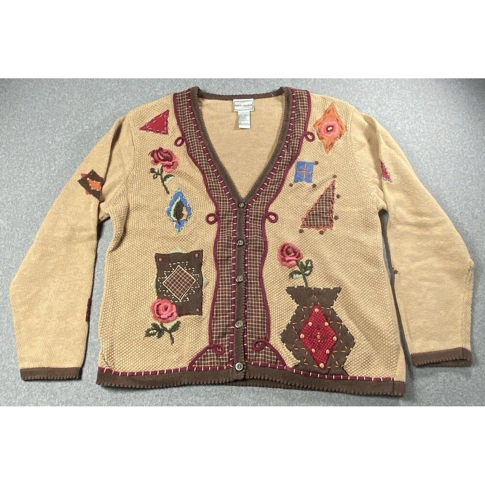 Vintage 90s Napa Valley Beige Applique Embroidered Fall Cardigan L